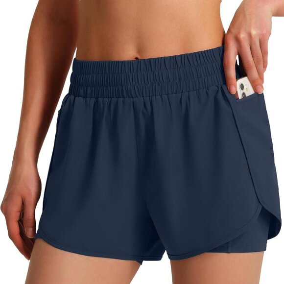 Women's Navy Blue Lightweight Quick-Dry Athletic Workout Shorts with Pockets and - Picture 1 of 5